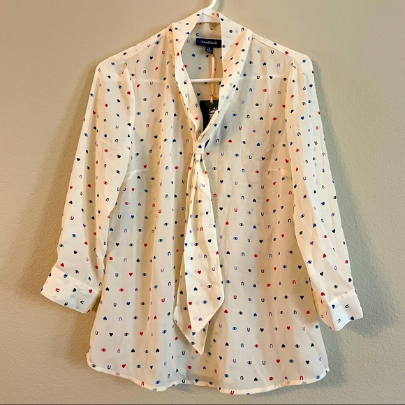 NWT - ModCloth - cream with multi-color I love you - ‘eye <3 U’ necktie blouse - Picture 1 of 8